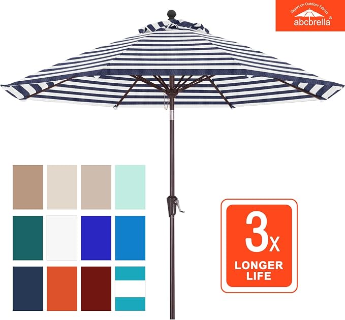ABCCANOPY OLEFIN® 5-Year No Fading 9FT Patio Umbrella, Outdoor Table Umbrella with 8 Sturdy Ribs for Deck, Backyard, Yard (Navy Stripe)