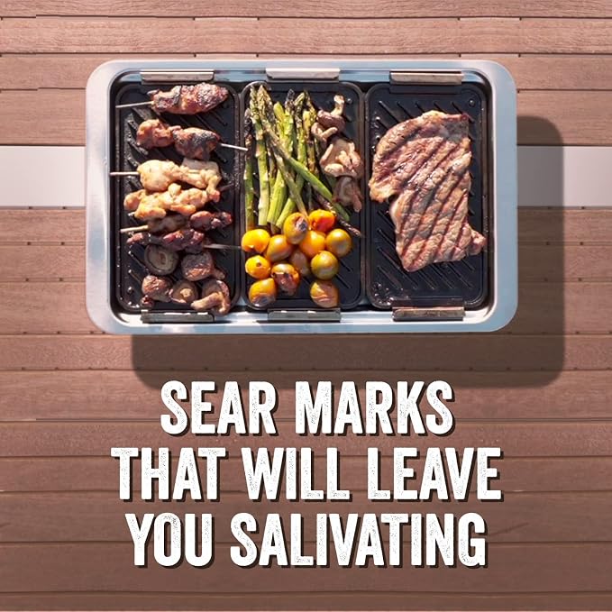 Yukon Glory Cast Iron Sear & Serve Set | 3 Grooved Cast Iron Pans, Stainless Serving Station & Clip-On Handle | Pre-Seasoned | Grill to Table | Gas, Charcoal & Campfire