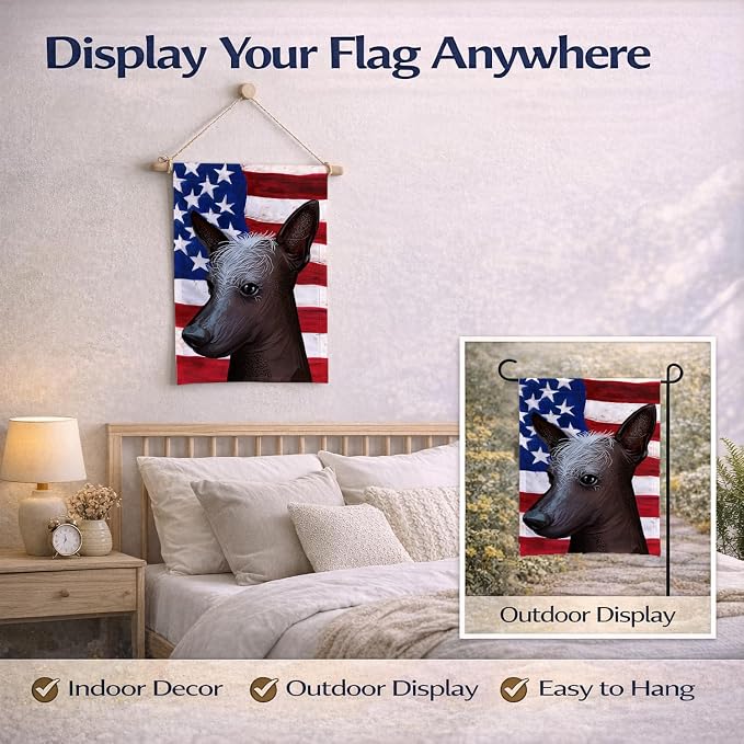 Caroline's Treasures CK6614GF Mexican Hairless Dog American Flag Garden Flag Mailbox Flag Decorative Yard Flag Banner Outside Patio Artwork Yard Flower Beds, Garden Size, Multicolor