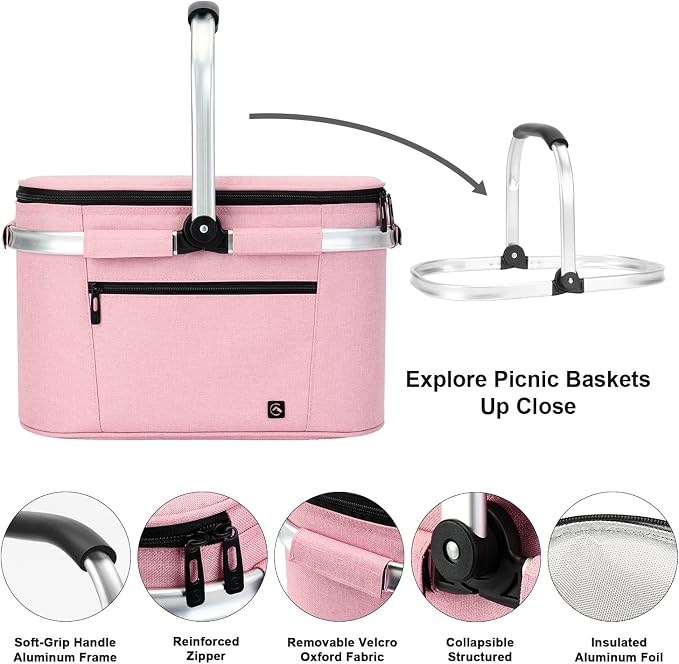 ALLCAMP Picnic Basket - Insulated Cooler, Thickening Foldable Picnic Basket with Removable Baskets & Sewn-in Frame, Basket for House Warming Gifts New Home(Pink)