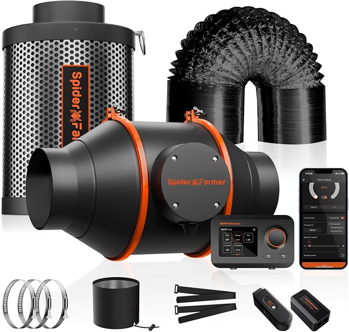 Spider Farmer 4 Inch Air Filtration Kit with Temp Humidity Controller | Includes GGS controller, inline fan, carbon filter, and 13 ft ducting for grow tent ventilation and hydroponics