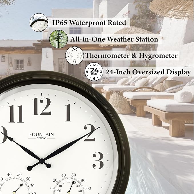 24 Inch Outdoor Clocks Waterproof, Oversized Large Outdoor Clock with Temperature and Humidity Combo,Weatherproof, Accurate & Easy to Read for Porch, Pool,Garden