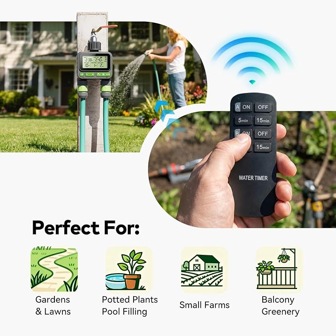 NexusLab Wireless Remote Hose Timer, 4 Programmable Watering Schedules (1 Sec to 99 Hr), IP65 Waterproof Sprinkler & Drip Irrigation Timer, 3/4 inch NH Thread, Rain Delay, AA Battery