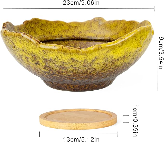 ARTKETTY Bonsai Pots - 9.06 Inch Large Plant Pots, Unique Succulent Pots with Drainage Tray, Ceramic Planters for Indoor Cactus Flower Plants Round Bonsai Tree Pots Decorative Home Office