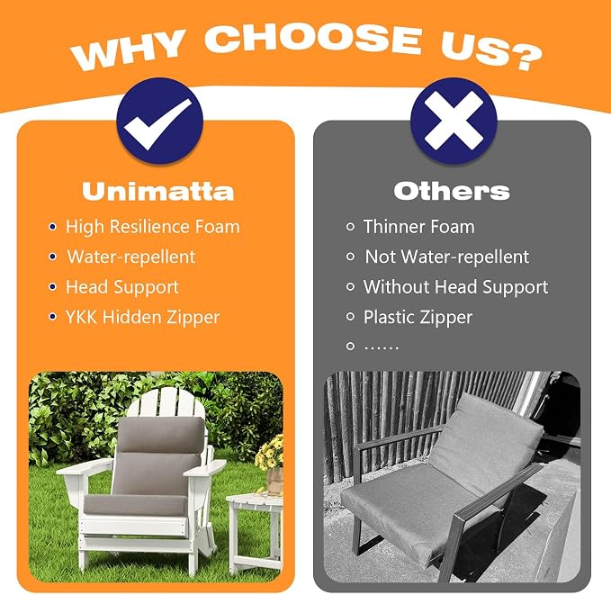 Unimatta Sunbrella Outdoor High Back Chair Cushion Seat Pads, 44 x 21 Inch Water-Repellent & Fade-Resistant Patio Furniture Cushions with Ties for Adirondack, Rocking Chairs, Cast Shale