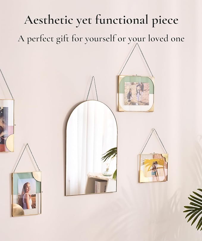Gold Arched Wall Mirror 13”x19”- Small Vintage Hanging Mirror with Chain, Decorative Brass Mirror for Entryway, Bathroom, Bedroom&Living Room, Antique Gold Wall Mirror