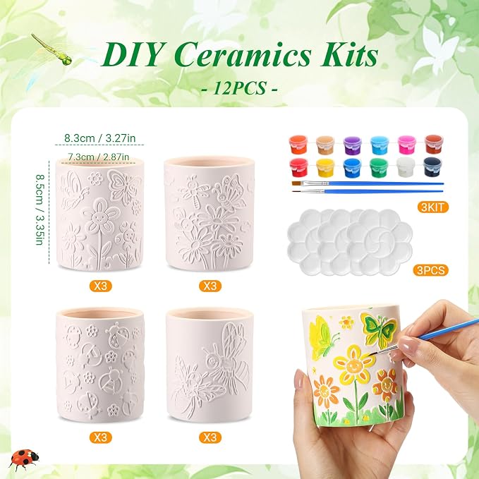 Zubebe 12 Pcs Paint Your Own Ceramic Pots Bulk Unfinished Succulent Pots Craft Kit with Drainage Hole Mini Paintable Plant Vase Ready to Paint Planter for Cactus DIY Craft (Insect)
