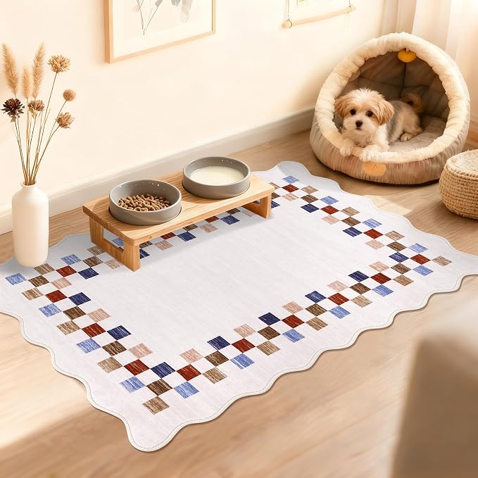 GarveeHome Small Washable Area Rug 2x3 Solid Color Scalloped Kitchen Rugs | Modern Checkered Entry Rug Bedroom Non Slip Stain Resistant Bordered Throw Carpet for Living Room Nursery Laundry, Colorful