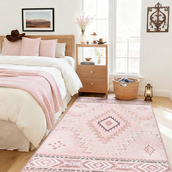 Yinhua 3x5 Pink Area Rug for Entryway, Western Washable Rug Low-Pile | Soft Moroccan Area Rugs Non-Slip with Rubber Backing, Stain Resistant Non-Shedding Carpet for Bedside Living Room