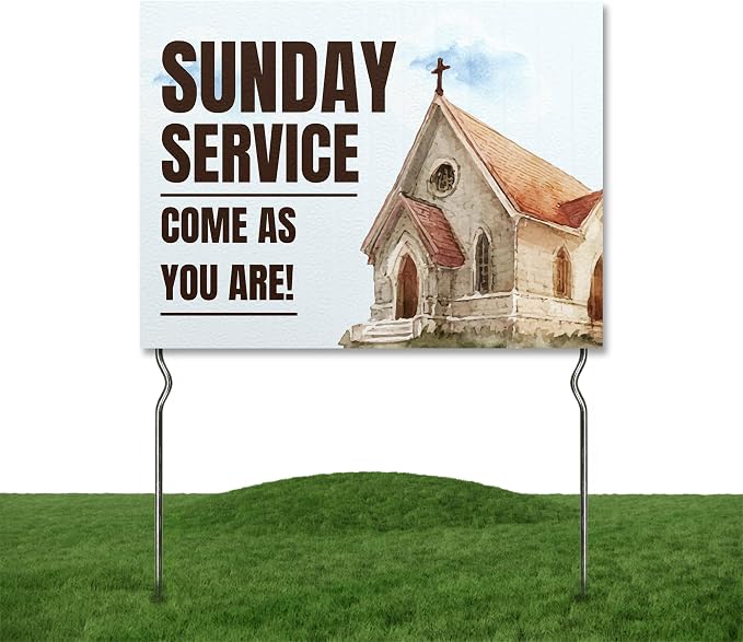 Sunday Service - Come As You Are! Yard Sign by DC | 24"x18" Double Sided Church Garden Sign with 13” Metal Stakes | Outdoor Signs Waterproof for Lawn, Patio, Sidewalk & House | Set of 4 | Made in USA