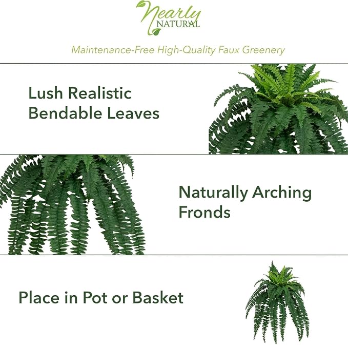 Nearly Natural 40in Boston Fern Artificial Plant, Large Hanging Fake Plant with 50 Long Realistic Fronds, Maintenance-Free Faux Fern for Office and Home Decor