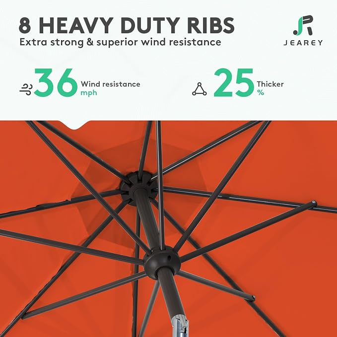 JEAREY 10FT Outdoor Patio Umbrella Outdoor Table Umbrella with Push Button Tilt and Crank, Market Umbrella 8 Sturdy Ribs UV Protection Waterproof for Pool, Garden (Orange)