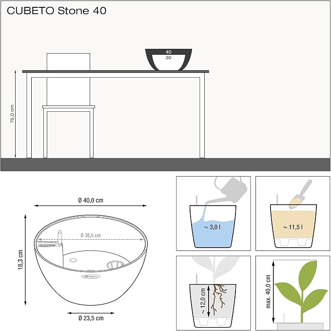 Lechuza CUBETO Stone 40 Quartz White, Self-Watering Bowl Planter, D15.7 H7.1 in