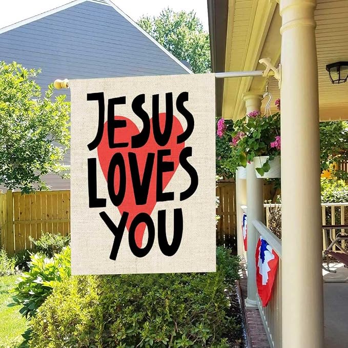 EMMTEEY Double Sided Easter Yard Flag - 28X40 Inch Outdoor Decor with Jesus Loves You Lettering, Modern Red Heart & White Design for Housewarming