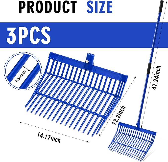 Lasnten 3 Sets Manure Fork with Long Handle, ABS Plastic Head & Metal Handle, Pitch Fork Manure Rake Heavy Duty Muck Rake for Gardening Horse Stable Grass Hay Cleaning Farm Work (Blue,Normal Grip)