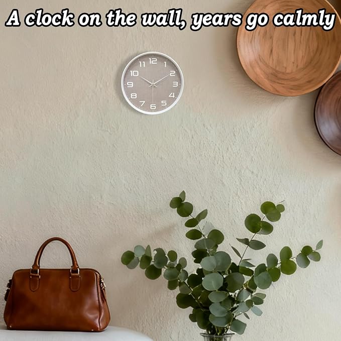 8 Inch Modern Wall Clocks Battery Operated - Silent Non Ticking Quartz Analog Clock with Large Numbers Burlap Texture, Digital Wall Clock for Bedroom Living Room Kitchen Office Gym, White