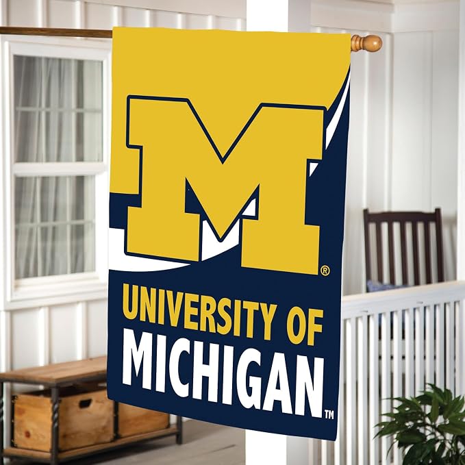 NCAA University Of Michigan House Flag, 28 x 44, Double Sided Garden Flags for Outside, Outdoor College Flags & Banners for Gardens Patio, Indoor Wall Decor Flag for Room