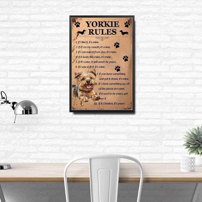 Metal Sign Tin Sign Vintage Wall Art Yorkie Rules Garden Tin Sign for Pub 12×16 Inches with Metal Frame
