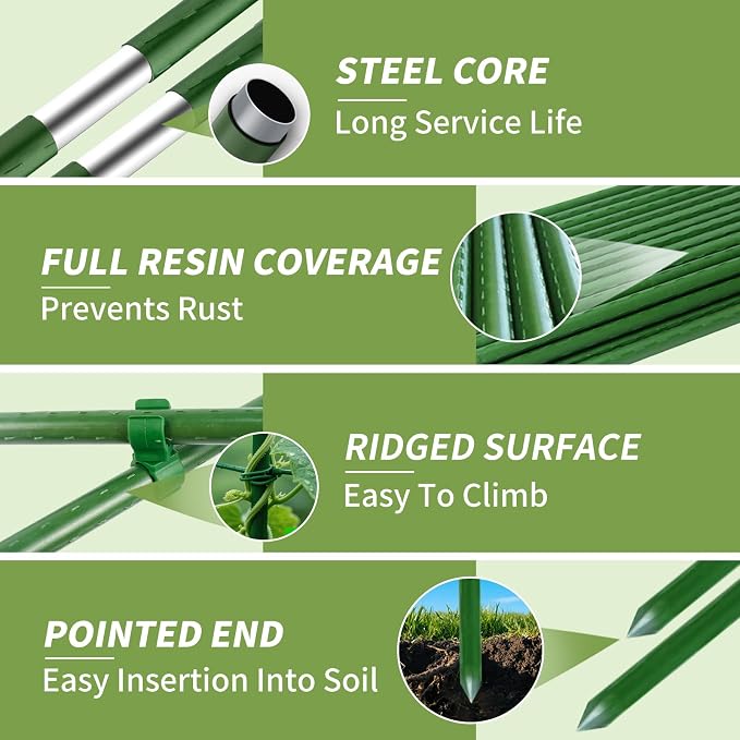 90pcs Garden Stakes Set, 16 Inches Plastic Coated Metal Plant Sticks Stakes Supports, DIY 4ft 5ft 6ft 7ft 8ft Tomato Stakes for Growing Climbing Tomato Vegetables Flowers Pepper, Versatile Ues