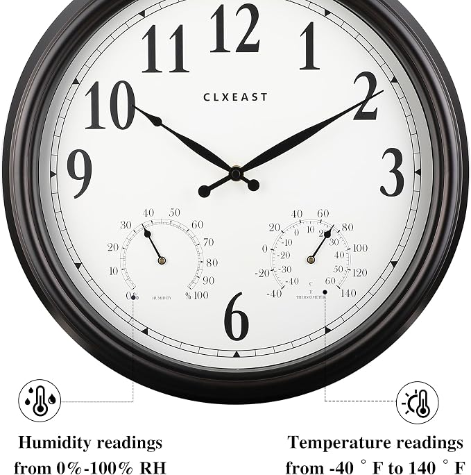 CLXEAST 16 Inch Indoor Outdoor Clocks Waterproof, Large Outdoor Clock with Temperature and Humidity for Patio,Porch,Pool,Oil Rubbed Bronze Black Finish