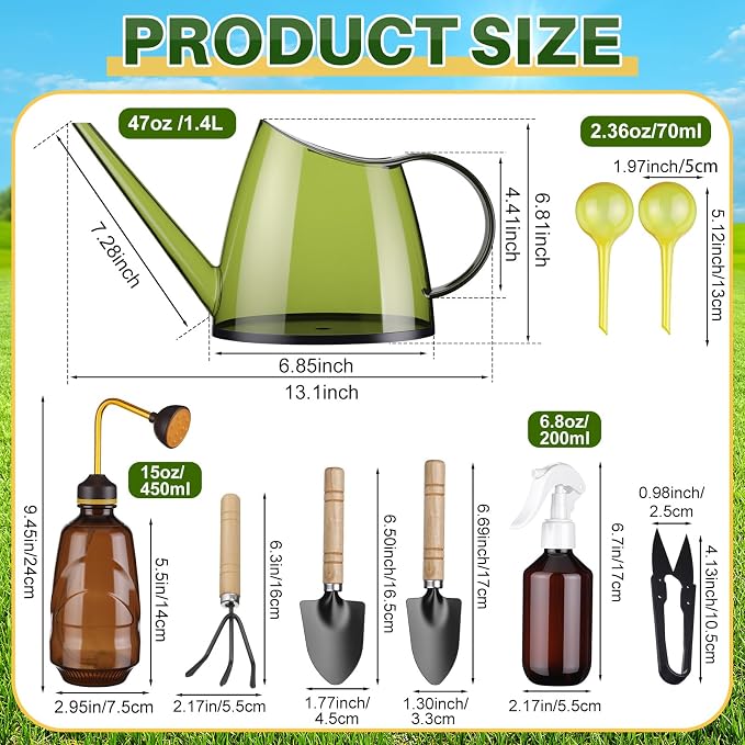 13 Pcs Indoor Plant Can Set, 1/2 Gallon Watering Can, 17 oz Squeeze Bottle, 6.8 oz Spray Bottle, 6 Self Watering Globes, Gardening Tool Kit with Pruning Scissors for Plants(Lemon Green)