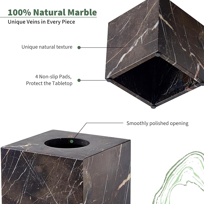 Real Natural Marble Tissue Box Cover, 5.5 Inch Square Marble Tissue Box Holder with Open Bottom, Heavy Stone Decorative Organizer for Bathroom Vanity, Kitchen Countertop, Luxury Home Décor