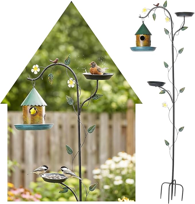 VINGLI 74.8" H Metal Bird Bath with Bird House, Outdoor Bird Bath with Stakes, 3-in-1 Bird Feeder for Patio, Garden, Yard, Lawn (Hanging Bird House)