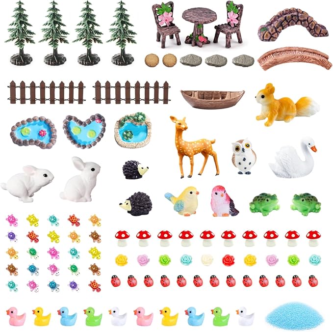 111Pcs Fairy Garden Accessories Outdoor Kit Mini Fairy House Decor Supplies | Resin Animals Figures with Elves, Deer, Bunny, Squirrel, Owl Figurines for Miniature Garden, Yard, DIY Set