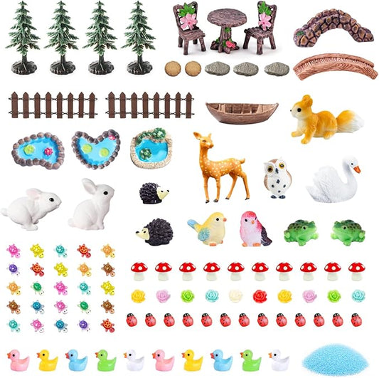 111Pcs Fairy Garden Accessories Outdoor Kit Mini Fairy House Decor Supplies | Resin Animals Figures with Elves, Deer, Bunny, Squirrel, Owl Figurines for Miniature Garden, Yard, DIY Set