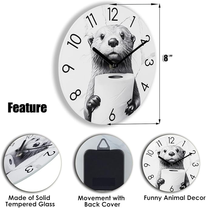 Crosstime Bathroom Wall Clock Modern Style Waterproof Glass Clock for Bathroom, Shower, Pool Decor - 8 Inch,Toilet Paper in Little Funny Otter's Hand Animal Theme