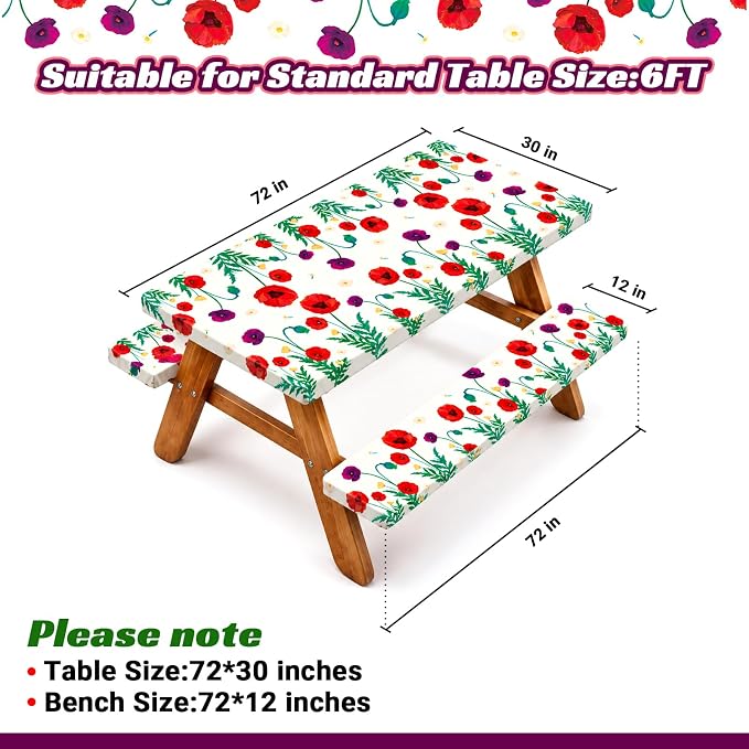 NUOLAN 6FT Picnic Table Cover with Bench Covers, Corn Poppy Print Windproof Waterproof Fitted Picnic Table with Elastic for Picnic, Camping, Outdoor