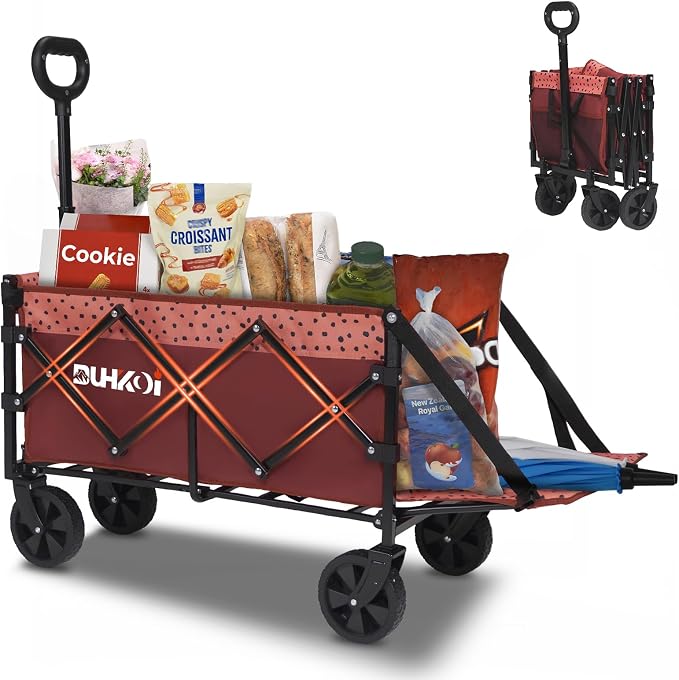 Compact Foldable Tailgate Wagon Cart with Wheels, 12 lb Lightweight Small Folding Utility Wagon for Garden, Grocery, Beach, Camping - Portable Cart (Red)