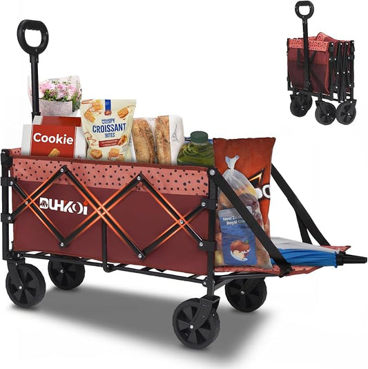 Compact Foldable Tailgate Wagon Cart with Wheels, 12 lb Lightweight Small Folding Utility Wagon for Garden, Grocery, Beach, Camping - Portable Cart (Red)
