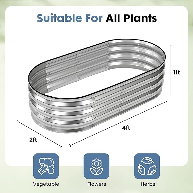 DUMOS Galvanized Raised Garden Bed, 4x2x1ft Outdoor Metal Planter Box, Heavy-Duty Planter Raised Bed for Vegetables Herbs Flowers, Oval Rustproof Flower Beds for Backyard Patio, Open Bottom