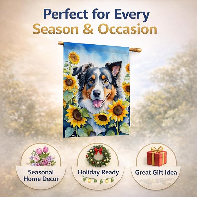 Caroline's Treasures DAC6014CHF Australian Shepherd in Sunflowers House Flag Large Porch Sleeve Pole Decorative Outside Yard Banner Artwork Wall Hanging, Polyester, House Size, Multicolor