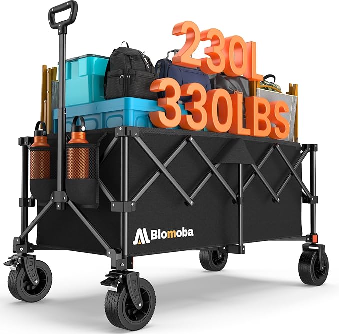 Blomoba Collapsible Wagon Cart, 330LBS Heavy Duty Folding Cart with Wheels 360° Rotation, Built-in Brakes, Flexible Handle, Portable Utility Wagon for Grocery Sports Garden Shopping Camping