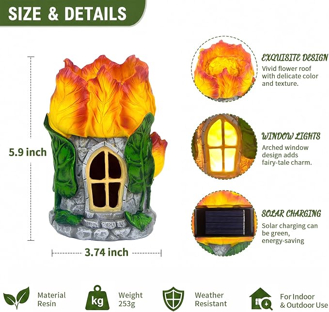 Fairy Garden House with Solar Light,Outdoor Figurine Lights Garden Statues,Yard Decorations Outdoor Fairy Garden Accessories,Decor Gifts for Mom Women (Tulip)