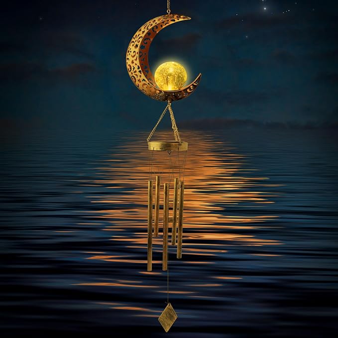 Moon Wind Chimes Solar Outdoor, Mother's Day Wind Chime Gift for Mom, Women, Grandma, Garden Courty ard Lawn Decor, Thanksgiving Gifts, Moon Gifts, Wind Chimes for Outside