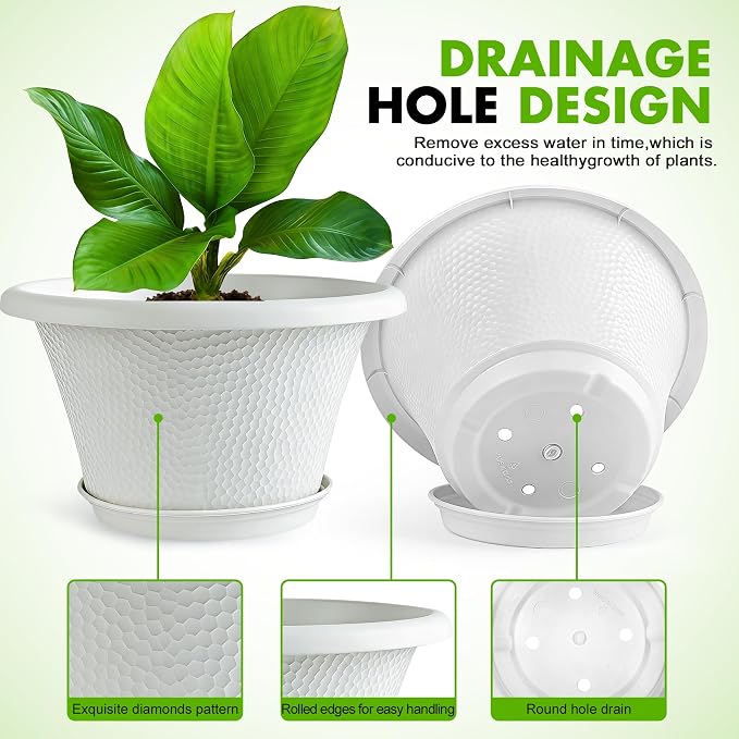 Quarut 12 Inch Plant Pot,4 Pack Large pots for Plants,Flower Pots with Drainage Hole & Saucer,Modern Planters for Indoor Outdoor Plants,Decorative Resin Garden Pots,White