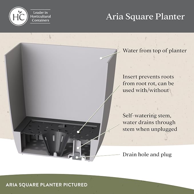 The HC Companies 8 Inch Aria Square Self Watering Planter - Plastic Plant Pot for Indoor Outdoor Plants Flowers Herbs, Matte Black