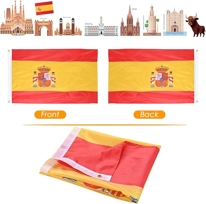AhfuLife National Flag 3x5 Ft, Large National Flags for Outside - Double Side with Brass Eyelets for Soccer Games National Day Party Bar Garden Decoration Indoor Outdoor（Spain ,1Pcs）