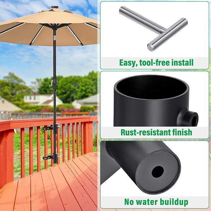 Heavy Duty Deck Railing Umbrella Holder, Adjustable Patio Umbrella Stand for 1-2 Inch Poles, Secure & Sturdy Railing Mount, Maximizes Deck Space