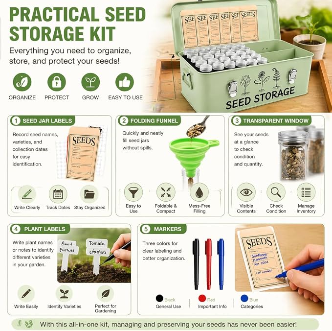 Seed Storage Box – Metal Seed Packet Organizer with Garden String and Bamboo Plant Labels. Seed Container Storage delivering complete Seed Saving Organization for every Garden Lover.