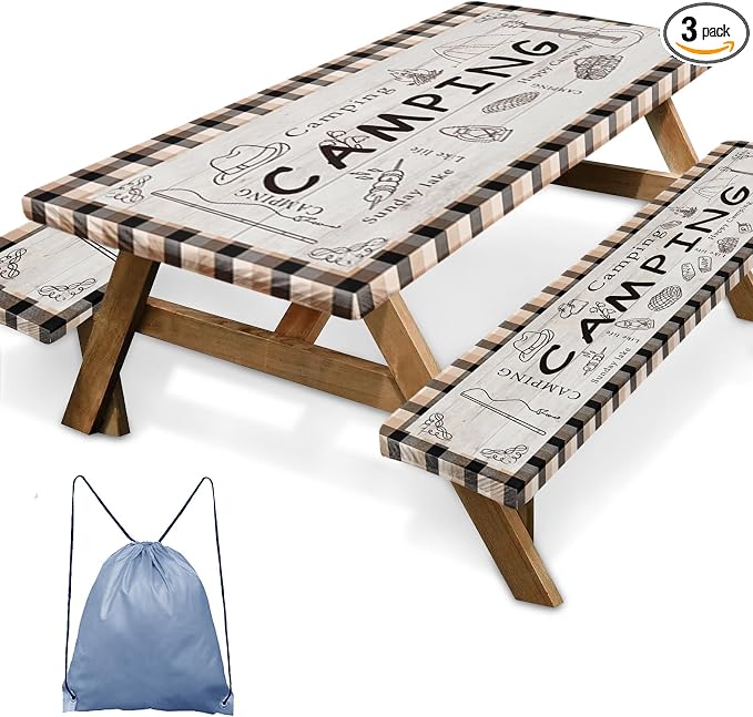 Picnic Table Cover with Bench Covers Elastic Edges, Green Camper Fitted Table Cover, Outdoor Patio Camping Essentials 72 Inch 3PCS, Waterproof Camping Fitted Tablecloth with Drawstring Bag