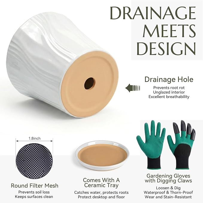 8.3 Inch Ceramic pots for Plants with Saucer Drainage Leak-Proof Mesh, Round Plant Pot with Gardening Gloves for Indoor Outdoor Plants (Rippled White)