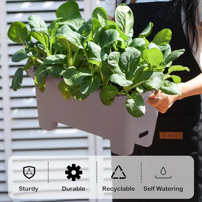 Oliz Self-Watering Rectangle Planter Boxes 8-Pack, 15.7-Inch Window Box Planter with Drainage Holes & Trays, Pots for Vegetables, Herbs, Flowers, Garden Windowsill Balcony (Coffee)