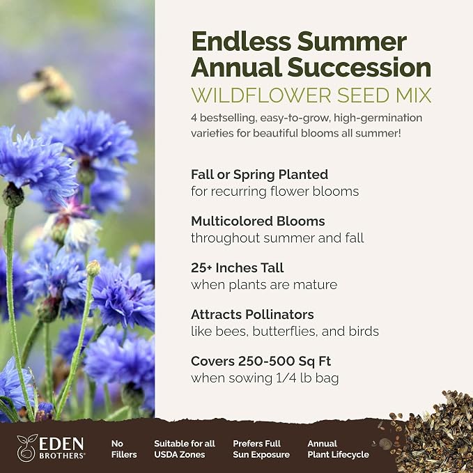 Eden Brothers Endless Summer Annual Succession Flower Mixed Seeds for Planting, 1/4 lb, 120,000+ Seeds with Cosmos | Attracts Pollinators, Plant in Spring or Fall, Zones 3, 4, 5, 6, 7, 8, 9, 10