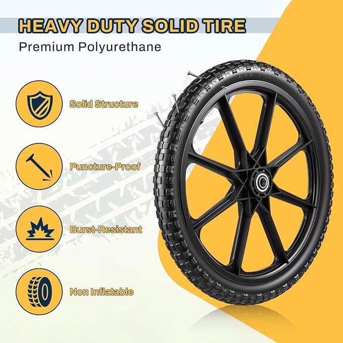 20" Flat Free Tire and Wheel, with 3/4" & 5/8" Bearing, 2.45" Centered Hub, Replacement Wheels for Rubbermaid Wheelbarrow,Lawn Carts, Big Wheel Utility Carts and Garden Yard Cart, 2 Pack