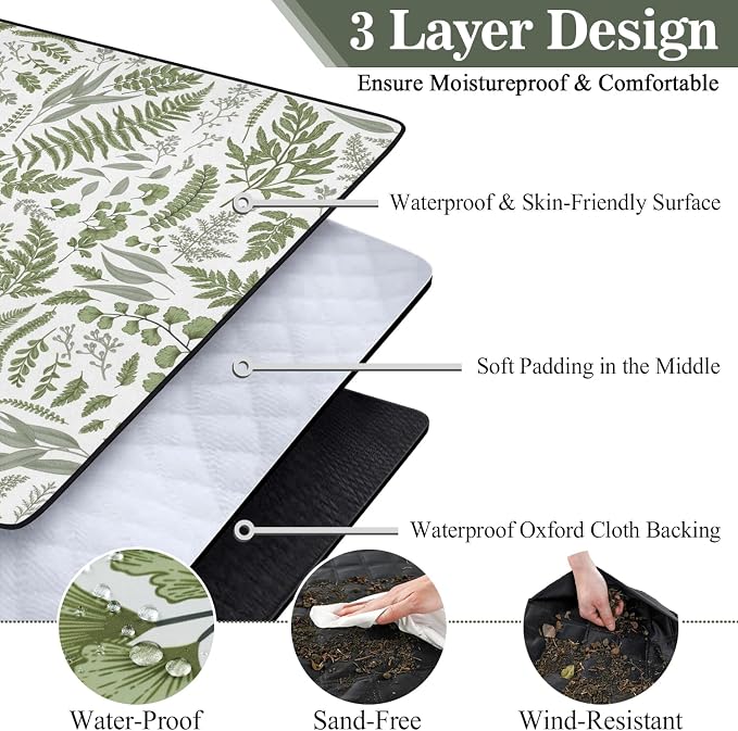 Picnic Blankets Waterproof Foldable Extra Large,80"x 80" Outdoor Beach Blanket Sandproof,3-Layer Lightweight Handy Mat Tote Picnic Camping Rugs for Outside Your Rv (Botanical Fern Plant)