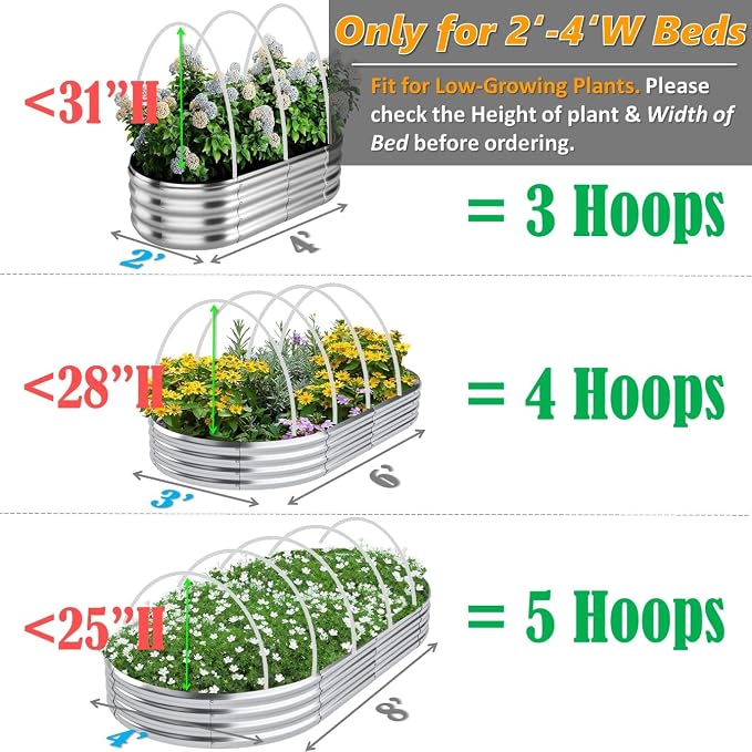Greenhouse Hoops for 2-4ft Wide Raised Beds, 6.56ft Long Super Bendable Fiberglass Garden Hoops, Weather Resistant Grow Tunnel Support Frame for Plant Row Cover, 6 Pcs